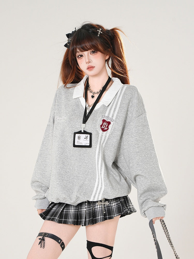 Gray/Navy Classic Polo Collegiate with Crest Sweatshirt Embroidered Blue