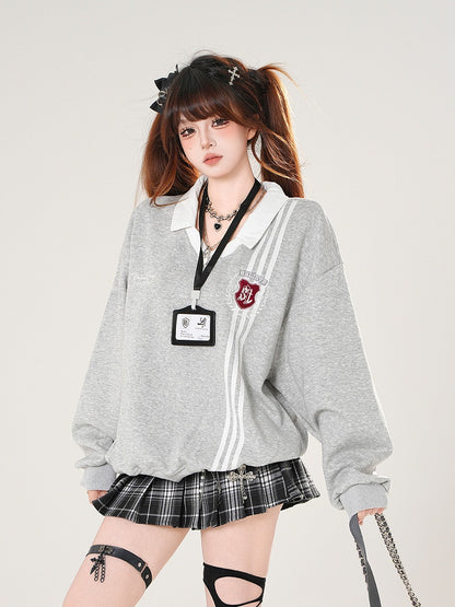 Gray/Navy Classic Polo Collegiate with Crest Sweatshirt Embroidered Blue