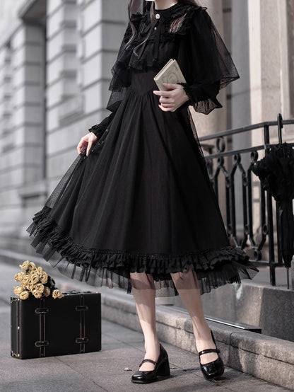 Dot All-Black Dress Cape Kuro Lolita with Dark Elegant Design Tulle