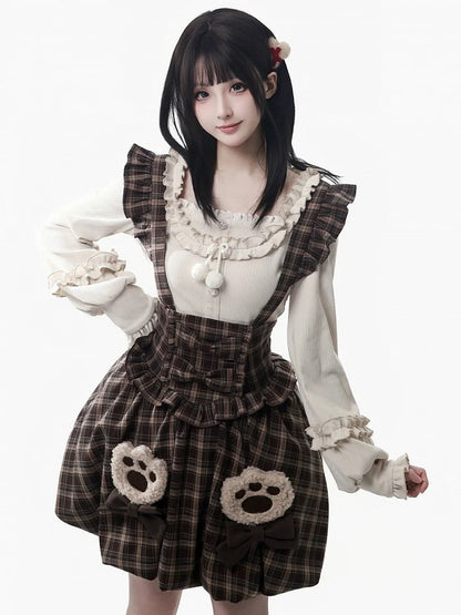 Brown Overall Skirt Puffed with - Bubble Sleeves Hem Plaid
