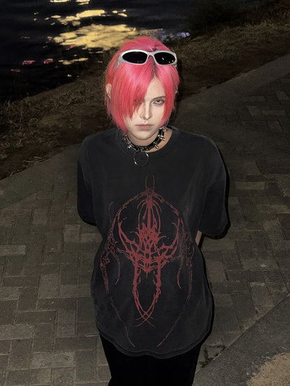 with Alien Print Black Creature Washed T-Shirt Fade