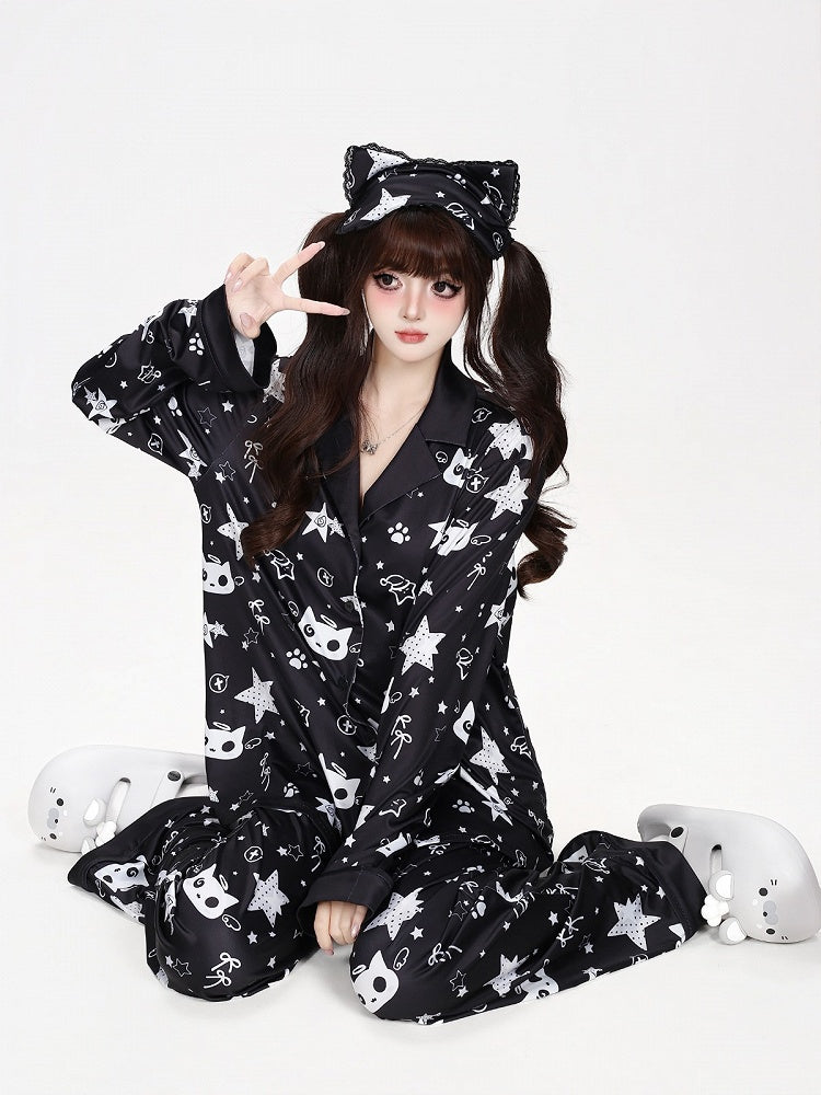 Kawaii Kitty and Star Print Two-Piece Loungewear Set in Black - CRAZY GIRL
