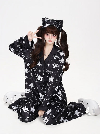 Kawaii Kitty and Star Print Two-Piece Loungewear Set in Black - CRAZY GIRL