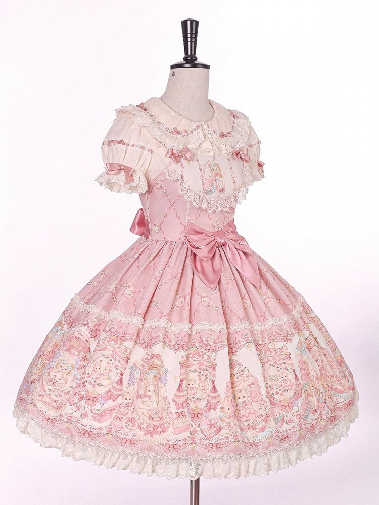 Sweet Pink Doll-Themed Lolita JSK with Bow Accents and Toy Bed Print - Alice Girl