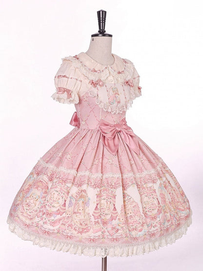 Sweet Pink Doll-Themed Lolita JSK with Bow Accents and Toy Bed Print - Alice Girl