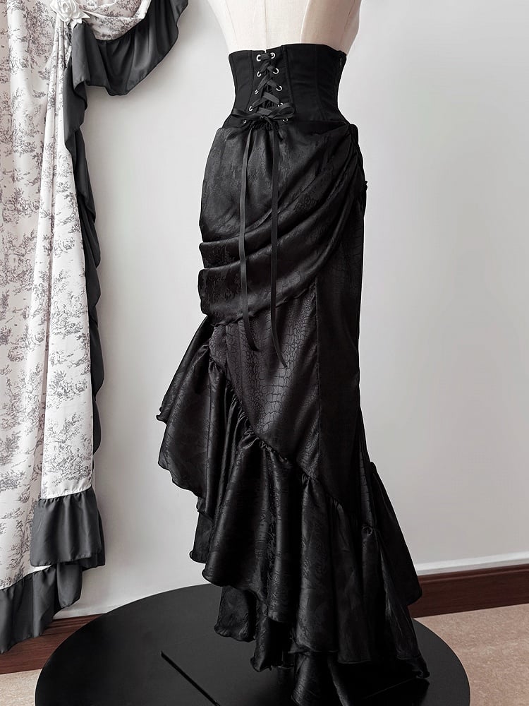 Gothic Asymmetrischer Rock Korsett mit Taillenstäbchen Kaskadierender hoher Lolita-Volant Meerjungfrauensaum Schwarz