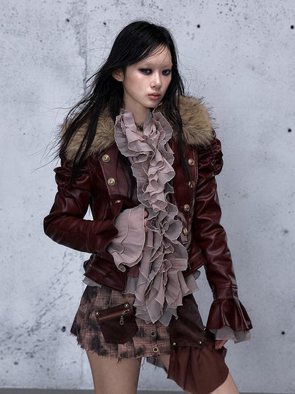 Rock Punk with Gathered Wine Details Red Jacket