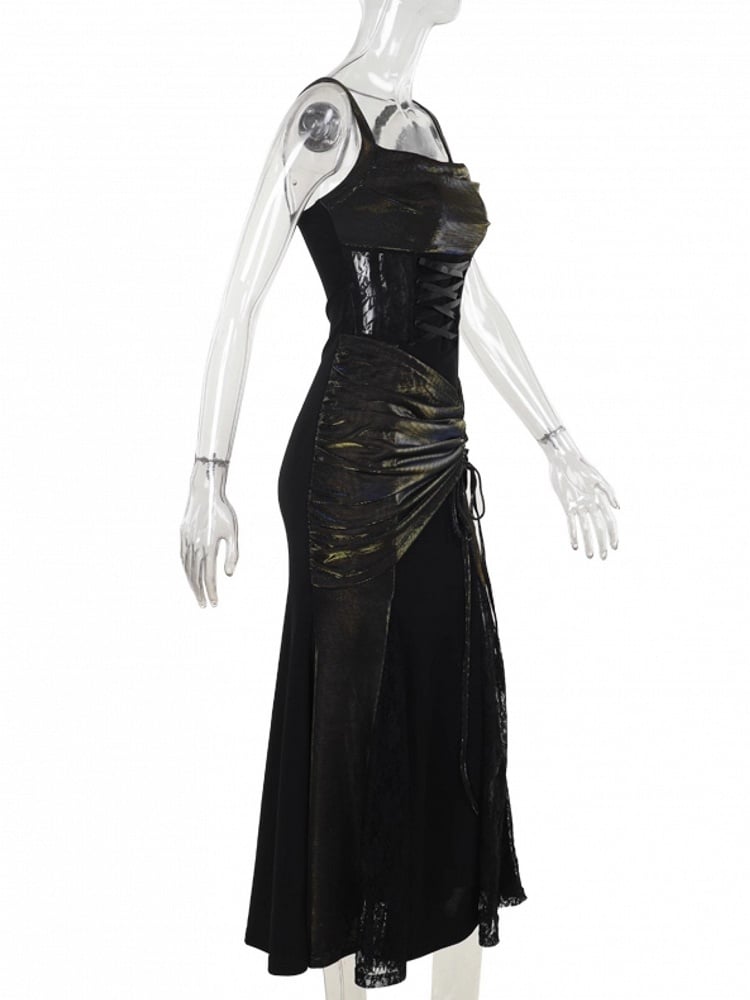 Black Metallic Slip Dress Mermaid Satin Lacing Gothic Halloween with Crisscross