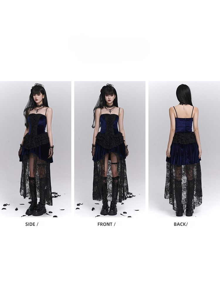 Blue Lace Lace-Up with Overlay Dress Floral Gothic Black Front Halloween