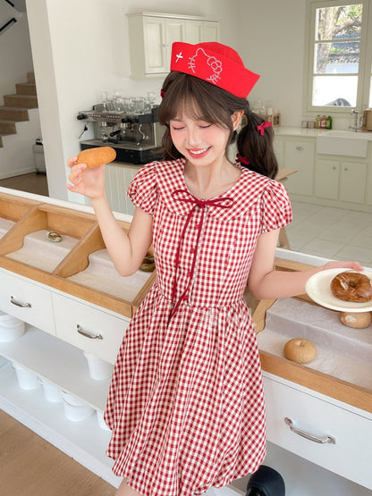 Skirt Plaid Sleeves Bubble Red Peter Pan Collar Puff Dress