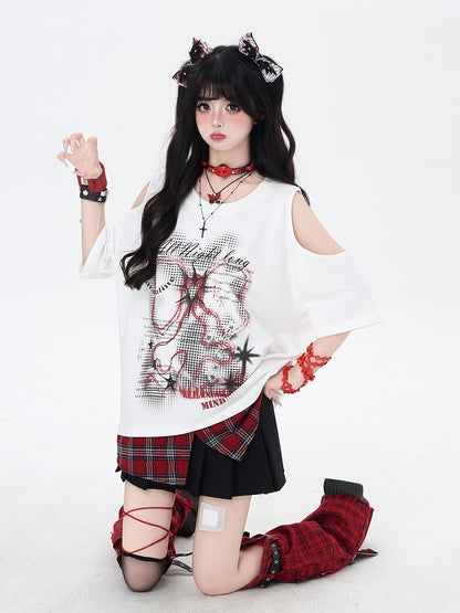 レッドネック、チェック柄ヘム、ホワイトカットアウトショルダー、グラフィックTシャツ、ラウンド