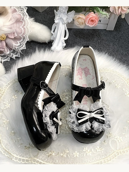 at Toe Trim - Shoes Mid-heel Lace Round PU Top Black Bow