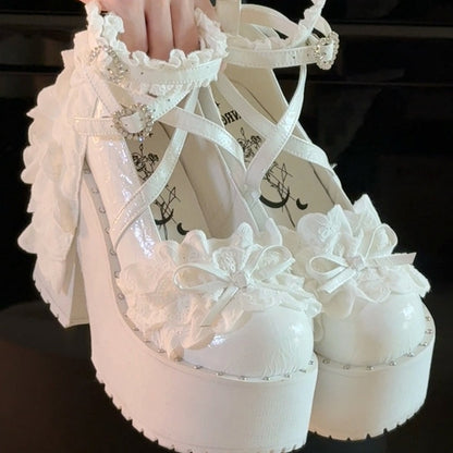 Leather High Gothic Detail PU Heels Block Bow Knotted with White
