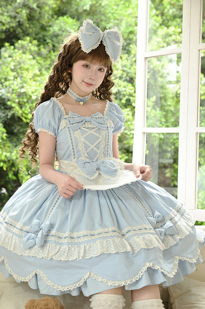 und kurzes Stück blau One Neckline Puff Old Lolita School Ärmel Baumwollkleid Square
