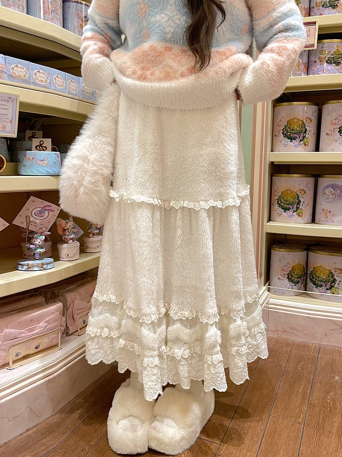 Beigefarbener Midirock mit hoher Taille und Spitzenakzenten und Volantsaum