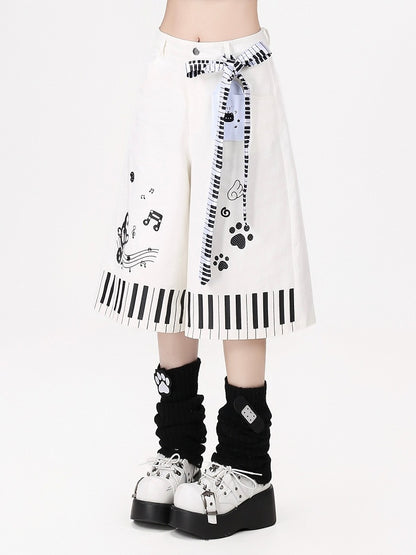 Piano Key Print White Wide-Leg Pants with Belt - CRAZY GIRL