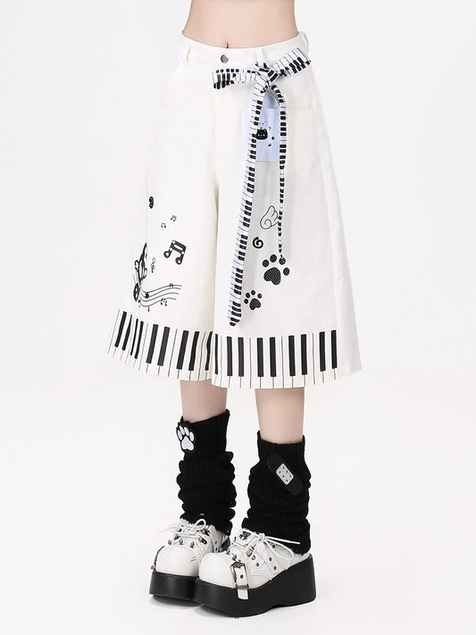 Piano Key Print White Wide-Leg Pants with Belt - CRAZY GIRL