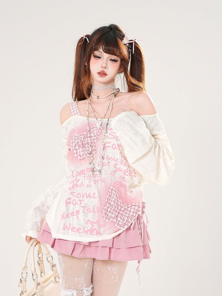 Off-the-shoulder Black/White Pink Plaid Butterfly Appliques