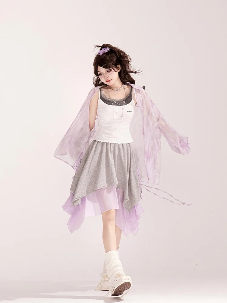 ライトウエスト ワイドレッグ カジュアル ルーズ シャツ/パンツ パープル ドローストリング