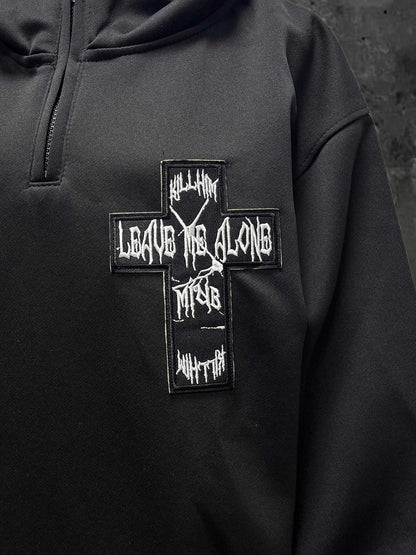 Partial Zip with Black Hoodie Placket Embroidery Applique Cross and Y2K