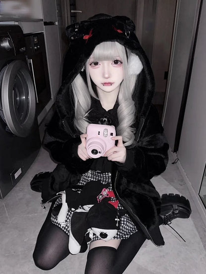 Regular Version Decor Safety Black Fleece Kei Jirai Kitty Coat Pin Ear Hooded