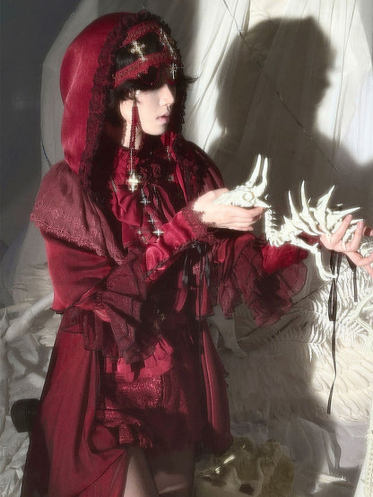 Red Gothic Lolita Ruffle Trim Hooded Top