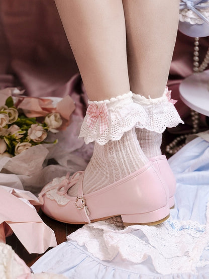 Absätze 2,2 cm/4,3 cm Mary geknotete Spitze Zehen rosa runde Janes Schleife Trim Akzent