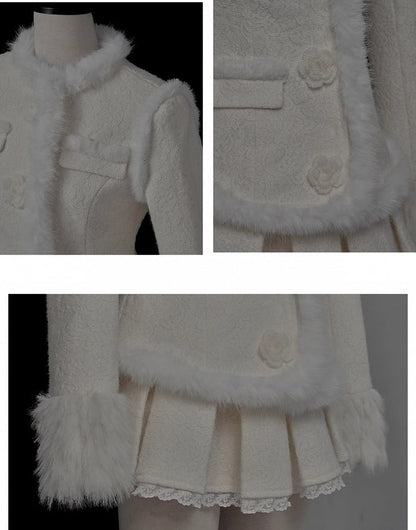 Apricotfarbene Jacquard-Wolljacke mit Blumenknopf und Plüschbesatz