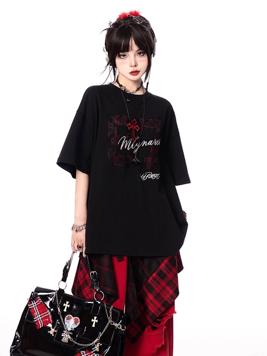 Letter and Print T-shirt Oversize Number Black Round Neck