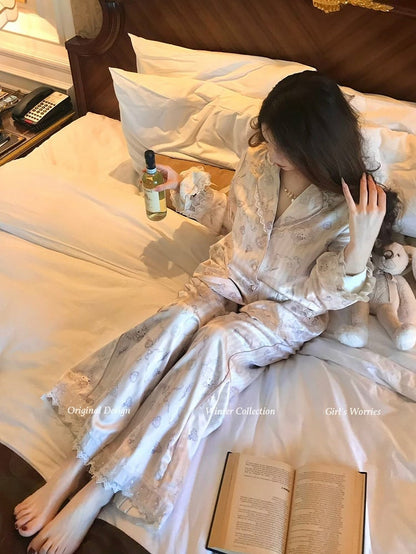 Satin Pajama Lace with Cat Lining Trim Set Print Fleece