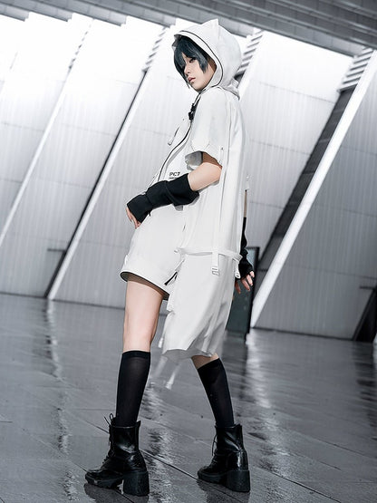 Cyberpunk Ohren Mantel Ouji Weiß Kapuze Techwear Katzenmode