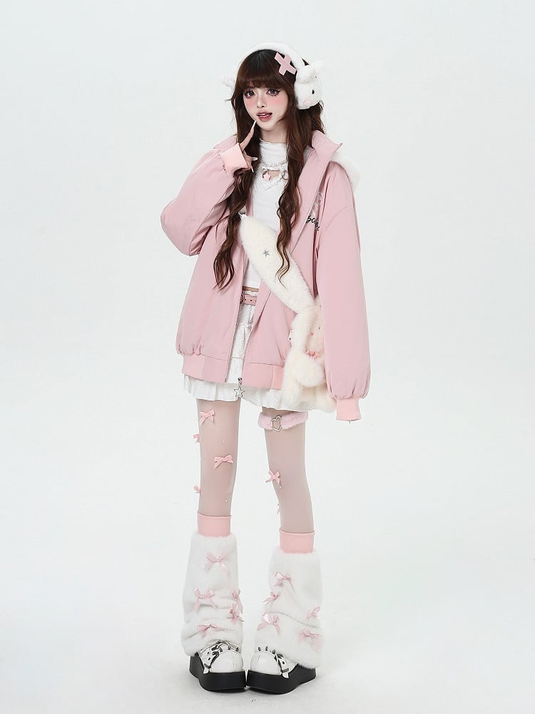Print Ear Jacket with Hood Detachable Graffiti Thick Bunny Pink