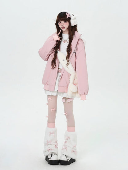Print Ear Jacket with Hood Detachable Graffiti Thick Bunny Pink