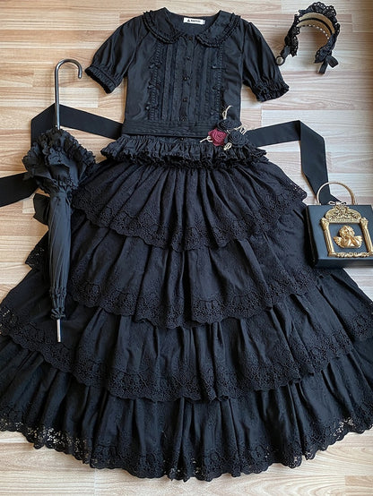 Elegant Black Multilayer Ruffled Floral Embroidery Skirt - Miss Point