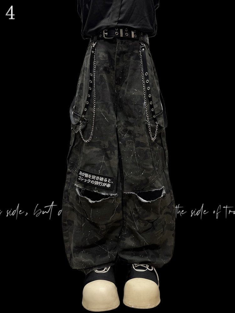 Wide-Leg Cargo Army Green Pattern Pants Camo