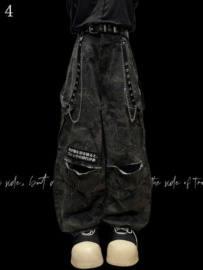 Wide-Leg Cargo Army Green Pattern Pants Camo