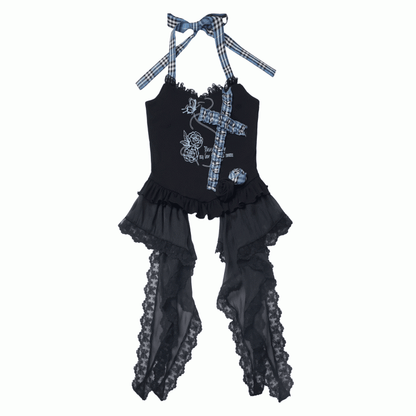 Print Design Schmetterling Taschentuch Saum Idol Blau Plaid Criss-Cross Neckholder Top Schwarz und Rose