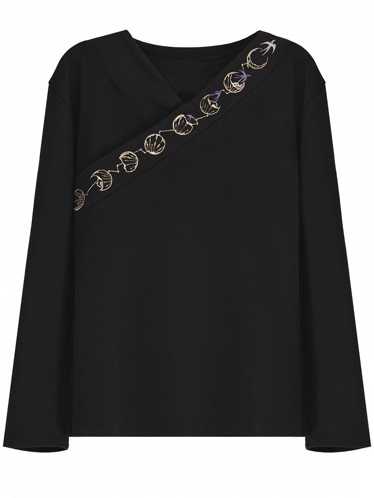 Lunar Embroidery Cross Style Long - Phase Cheongsam Top Collar Sleeve Black Unisex