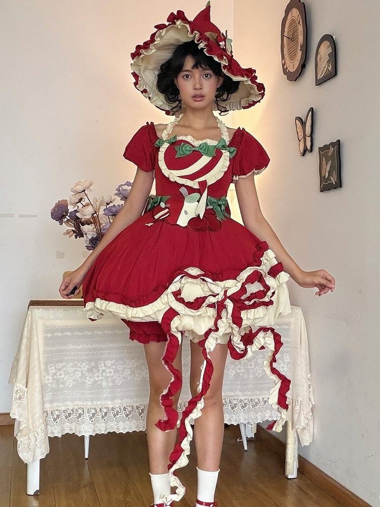 Red Ruffled Sweet Lolita Fluffy OP Dress Full Set