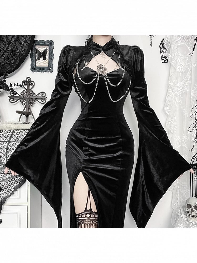 Gothic Trim Sleeve Detail Bell Black Shrug Chain Gem Halloween Lace with