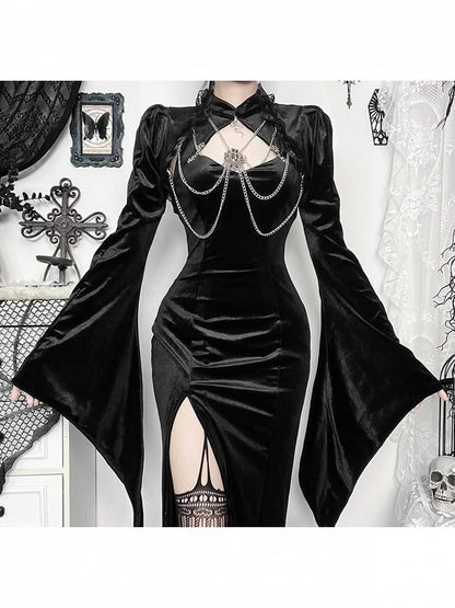 Gothic Trim Sleeve Detail Bell Black Shrug Chain Gem Halloween Lace with