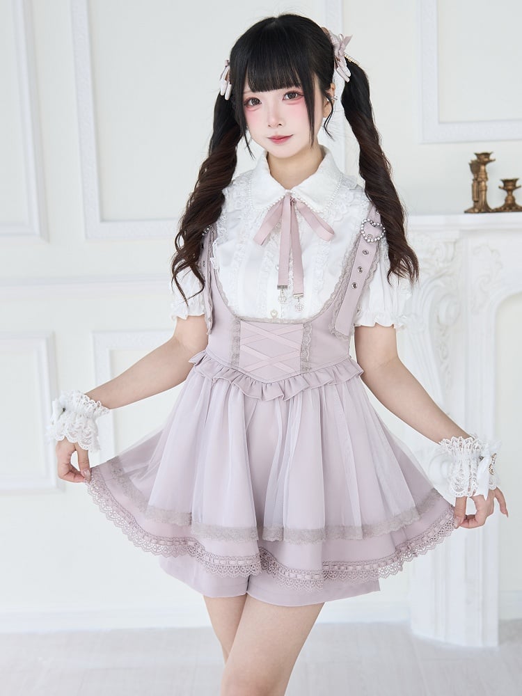 Jirai Kei Black/White Short Sleeves Blouse with Beaded Collar