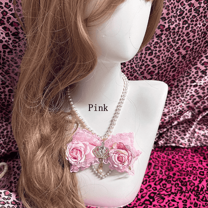 with Rhinestones Gyaru in Bead Crown Rose /White Hime Necklace Pink/Rose Red