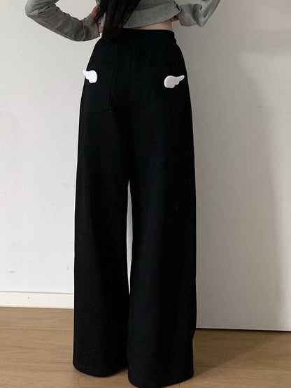 Waist Drawstring Version Straight-Leg Accent Lining with Star Pants Black/Gray CharmWing Regular/Fleece