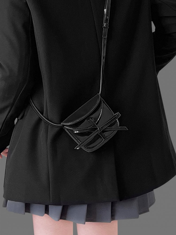 Chic Black Crossbody Card Holder With Glossy Finish And Bow Accent