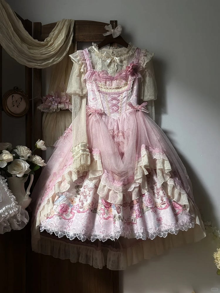 Pink Deer & Floral Print Flutter Sleeves Sweet Lolita JSK Dress with Overlay - Honey Machine