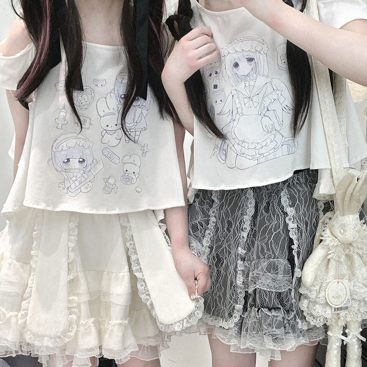Jirai Kei T-Shirt Yami Kawaii Cartoon Print Ausschnitt Schulter Weiß