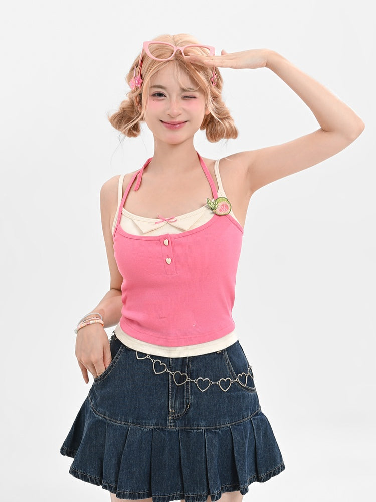 ピンクのグアバアップリケ付きセルフタイホルターネックトップフェイクツーピース