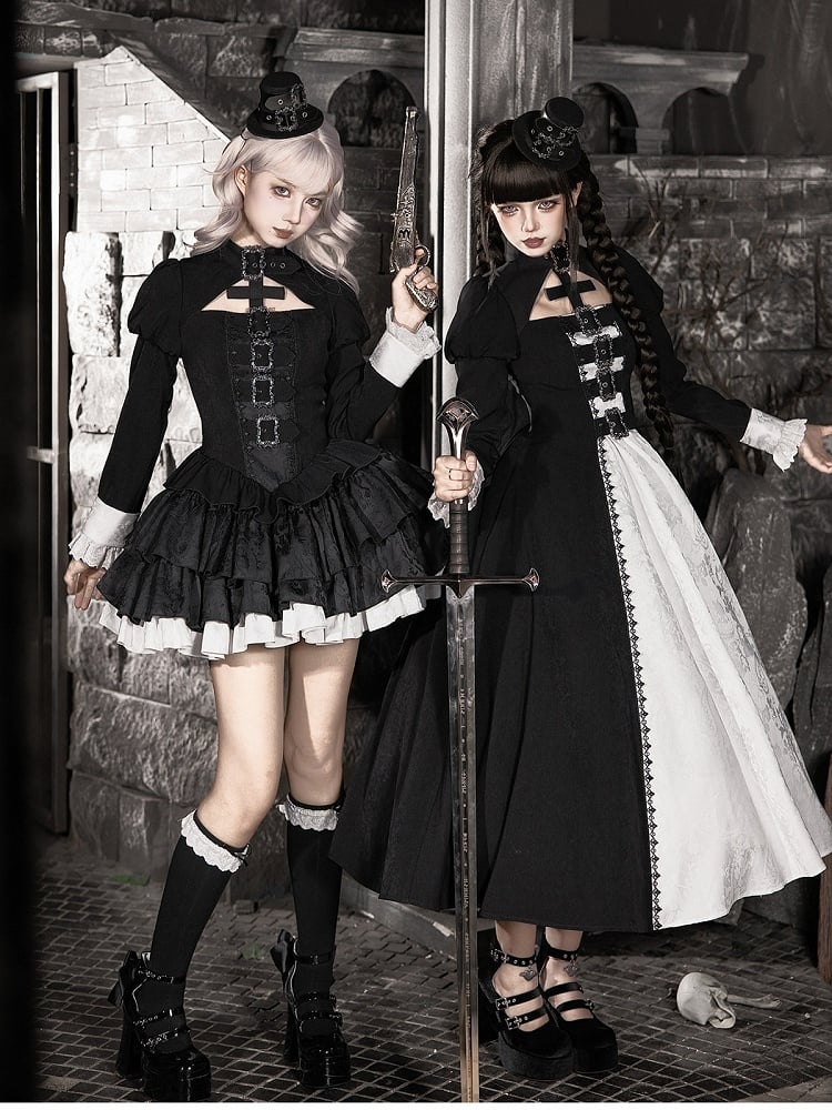 Black and White Gothic Long Lolita OP Gown with Metal Buckle and Mini Hat Set - With PUJI