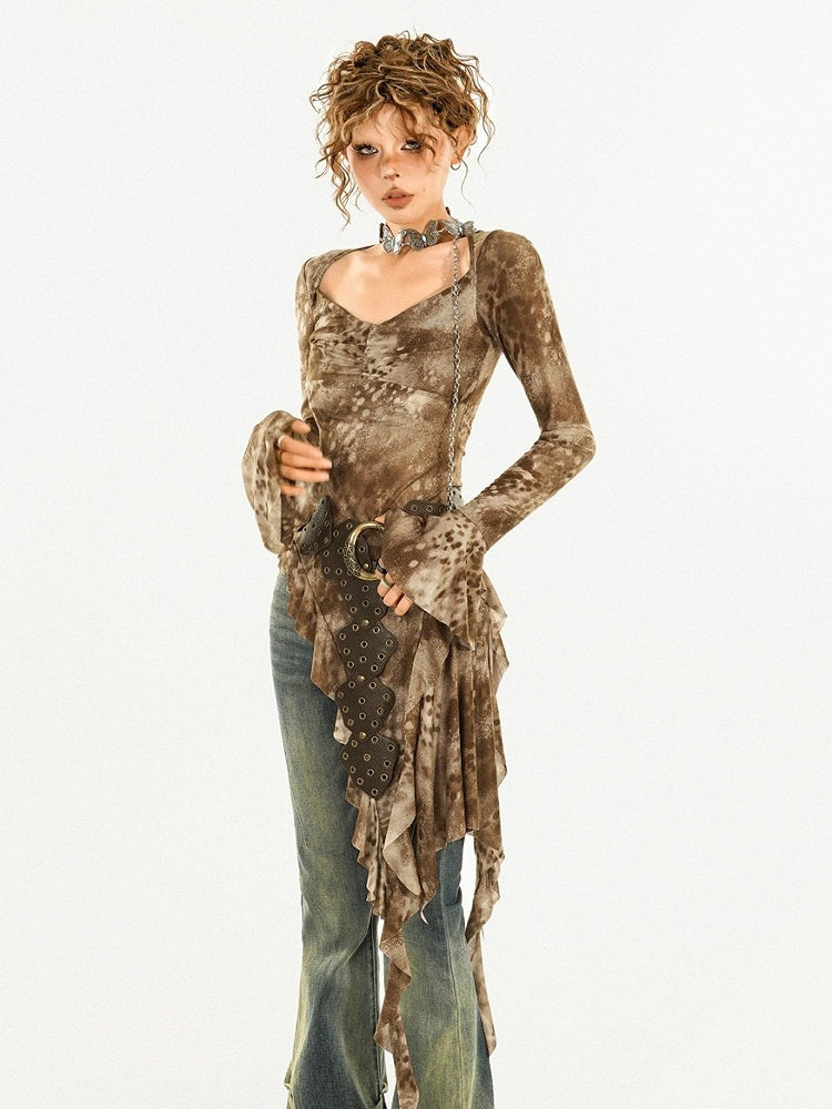 Asymmetrical Hem Bell Sleeve Coffee Blouse